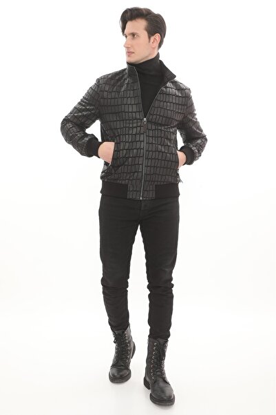 The Leather Craft Hakiki Deri Kroko Desenli Erkek Bomber Ceket