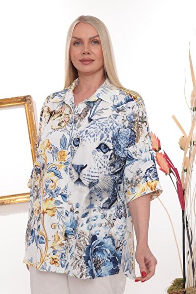 JERFİ Women's Plus Size Stone Printed Fabric Shirt