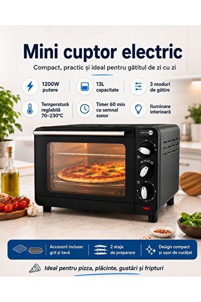 SwitchON Mini cuptor electric – 1200W, 13L, 3 moduri de gătire, timer 60 min,...