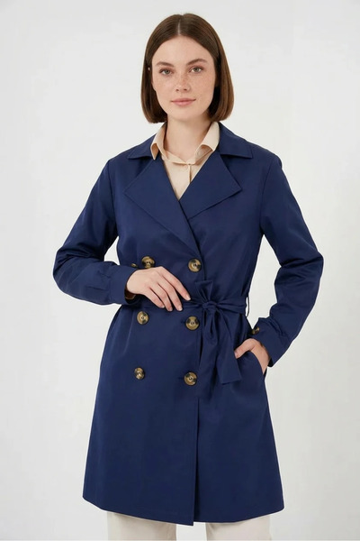buğrahayalin Women's Double-Breasted Collared Belted Navy Blue Trench Coat