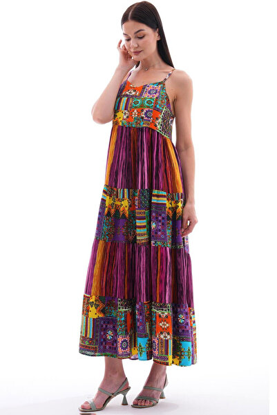 Vivika Patchwork Yamalı Etnik Desenli Canlı Renkli Yazlık Viskon Kumaş İp Ask...