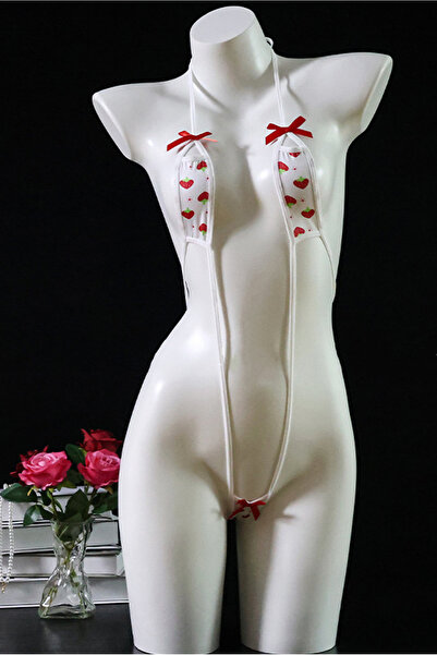 Shengzhou Jinshen Tie White Strawberry Print Micro Bodysuit with Red Bows, Ha...