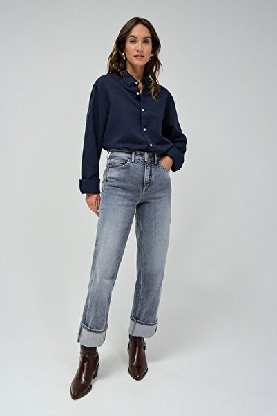Genel Markalar Gri Kadın Standart Eskitme Denim Pantolon 21008610-Faith Straight