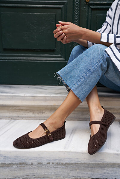 ANGELİNA JONES Avela Women's Brown Suede Zimba Detail Leather Ballet Flats