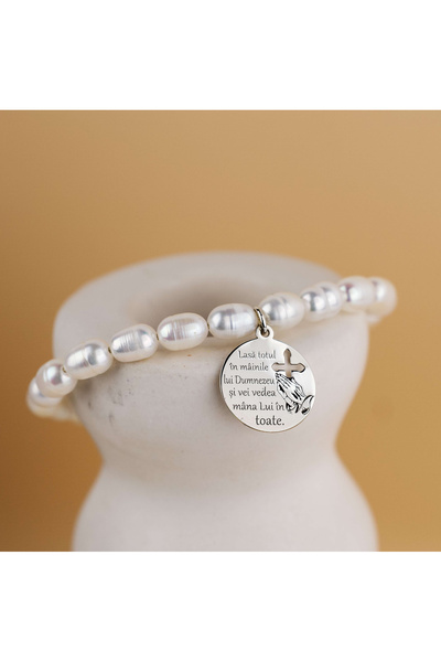 BLACK SWAN Bijoux Bratara perle de cultura albe si Banut Charm Argint - Mesaj...