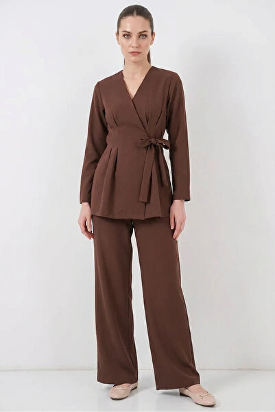Şeker Portakalım Women's V-Neck Belted Brown Suit