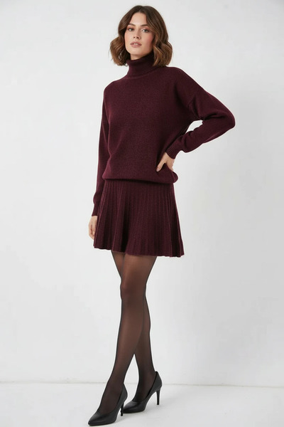 Efnaz style Women's Turtleneck Pleated Skirt Knitwear Burgundy Two-Piece Set