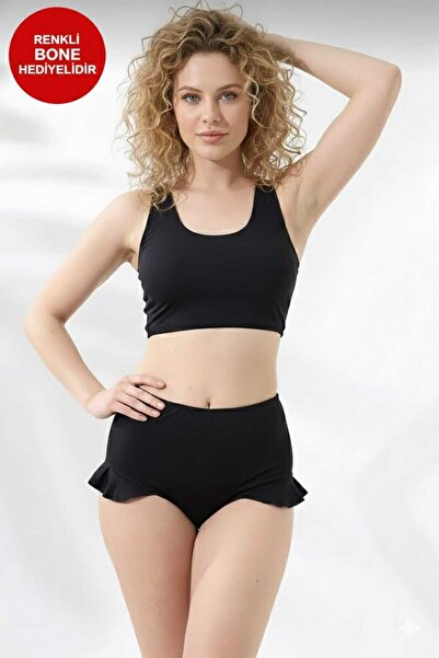 SUERTO Black High Waist Badi Bikini Set with Ruffled Bottom and Lining