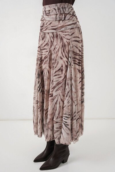 buğrahayalin Women's Gathered Waist Patterned Chiffon Ecru Skirt