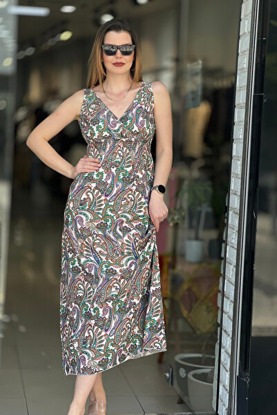 EtkiModa Γυναικείο μακρύ φόρεμα με διπλό γιακά και κορδόνι στη μέση