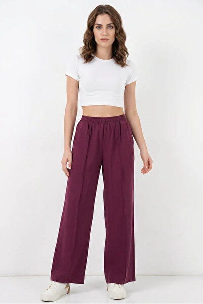 buğrahayalin Women's Elastic Waist Wide Leg Burgundy Palazzo Trousers