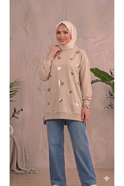 PEKA Women's Sequin Embroidered Heart Patterned Hijab Tunic Sweatshirt