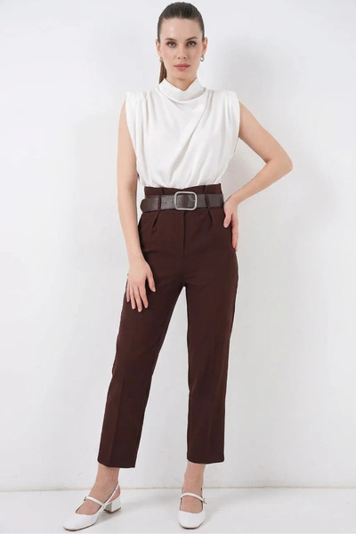 Generic Brand Women's High Waist Belted Brown Trousers