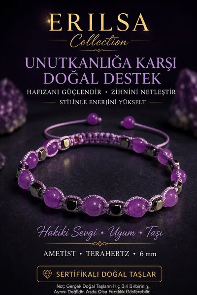 Erilsa Certified Amethyst Terahertz Natural Stone Bracelet 6 mm Adjustable Ha...