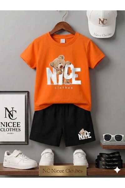 NC Nicee Clothes Summer Children's T-Shirt Shorts Unisex (White Nicee Bear Pr...