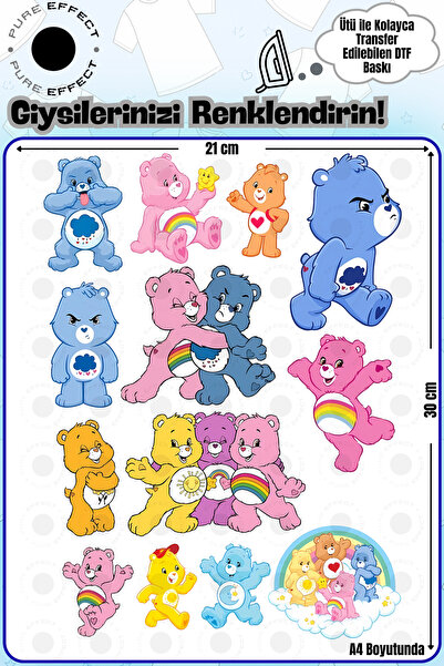 PURE EFFECT A4 Boyutunda Ütü ile Kumaşa Yapışan Carebears Tasarımlı DTF Baskı