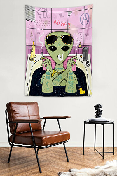 BSGSHOP Chill Alien (Gamsız Uzaylı) Tasarım Duvar Örtüsü / İllüstrasyon Goblen