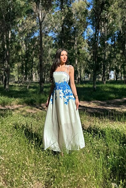 ROYAL'S AURA Mavi Floral Desenli Askılı Keten Maxi Elbise