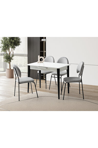 Viento Mobilya Madrid Kar Beyaz Renk Highgloss Açılır 100X60 Masa 4 Adet Suna...