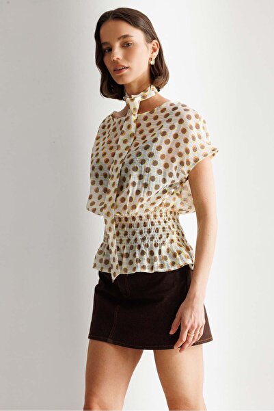 Mixray 4924 Women's Vintage Polka Dot Scarf Collar Gipeli Chiffon Blouse Brown