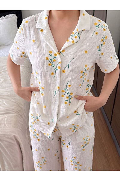 Feruzdesign White Floral Patterned Bürümçük Fabric Short Sleeve Pajama Set
