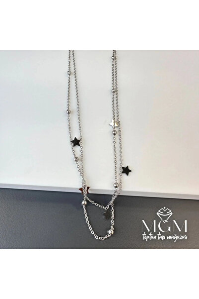Marsilyan Nvdn- Ieg - Steel Double Star Detailed Necklace Iegrs-Nvdn1