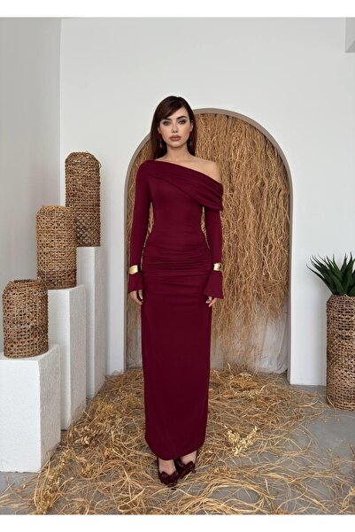 Caddebostan Moda Flowy Detailed Long Sleeve Maxi Evening Dress Strapless Neck...