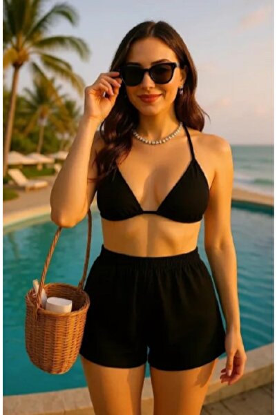 VELORA Kadın Siyah Şortlu Belden ve Boyundan Bağlamalı Bikini Takımı
