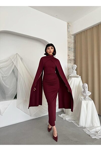Caddebostan Moda High Collar Cape Draped Detail Midi Evening Dress