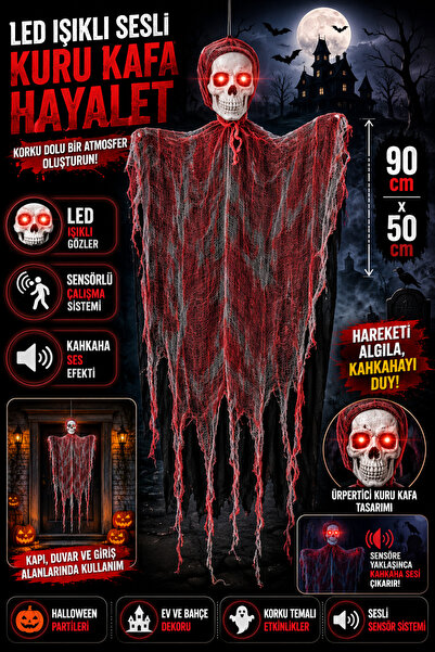 Tamsena Store LED Işıklı Sesli Kuru Kafa Hayalet Dekoru Sensörlü Halloween Sü...