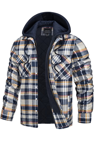 TACVASEN Grey lined shirt, jacket style, checkered, with zipper and buttons, L