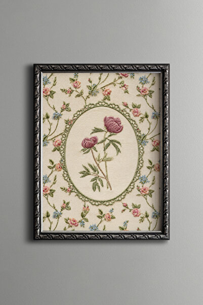 epiqart Embroidery-Look Peony Composition - Vintage Patterned Frame - Slim Model