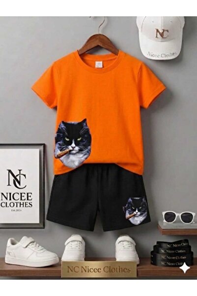 NC Nicee Clothes Summer Children's T-Shirt Shorts Unisex (Cat Print with Pro)