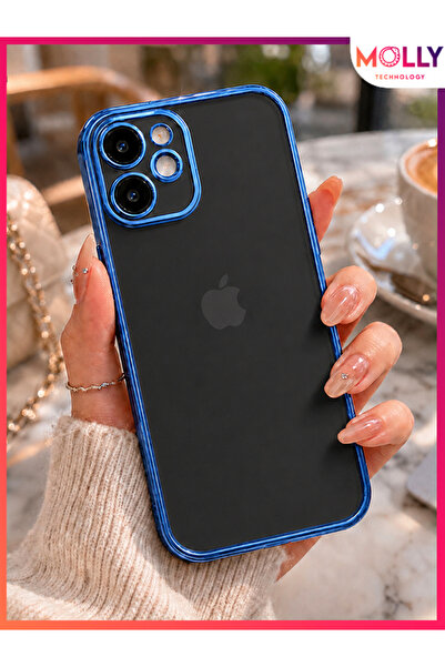 Molly iPhone 11 İçin Kenarları Metalik Mavi Kare Köşeli Mat Şeffaf Silikon Kılıf