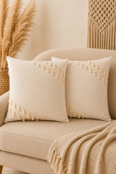 Morlay 2-Piece Natural Linen Tassel Throw Pillow Cover Bohemian Rustic Vintag...