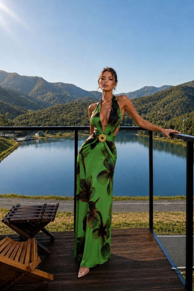 Tayt Factory Halter Neck Accessory Detail Backless Long Dress