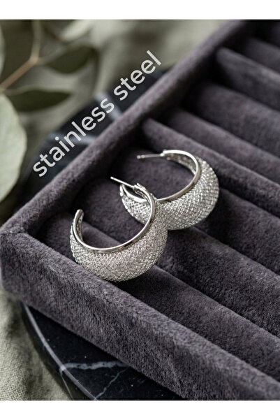 stainless steell 316L Steel Silver Color Crystal Stone Detailed Hoop Earrings