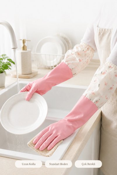 Tilbe Home Uzun Kollu Lateks Bulaşık Eldiveni Su Geçirmez Mutfak Banyo Ev Temizlik Eldiveni Lastikli Silikon