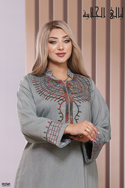 Lyaly aljlabyh Luxe Linen Jalabiya Mandarin Collar — Embroidered Royal Wing P...