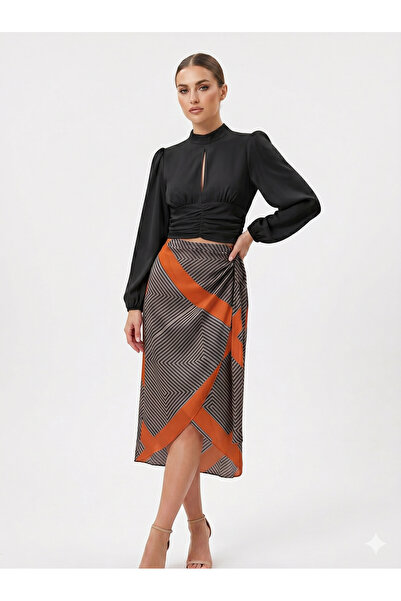 Topstar Elegance Modern Set - Back Bow Crop Top & Geometric Pattern Midi Skir...