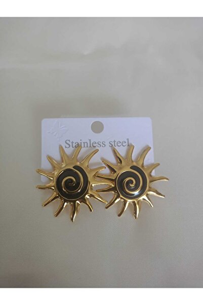 inci çelik aksesuar Black Enamel Sun Steel Earrings
