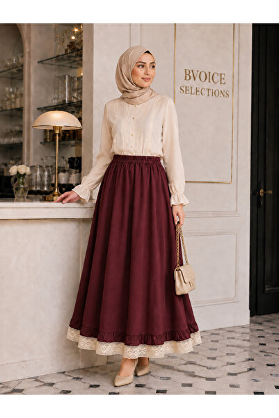 BVOİCE SELECTİONS Beli Lastikli ucu dantelli cepli poplin etek-Bordo