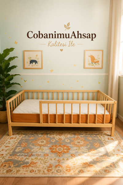 cobanimuahsap Cobanımu Ahşap Ayaklı Korkuluklu Çubuklu Montessori Yatak – Doğal Ahşap