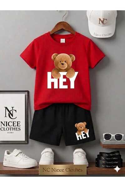 NC Nicee Clothes Summer Children's T-Shirt Shorts Unisex (White Hey Bear Print)