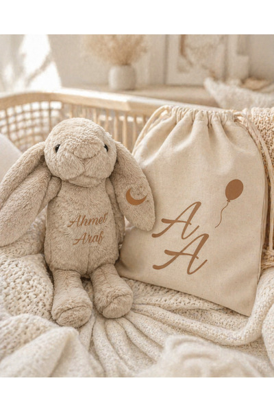 Emsera Atelier Peluş Tavşan Uyku Arkadaşı Bej Kişiye Özel İsimli Kese Seti Be...
