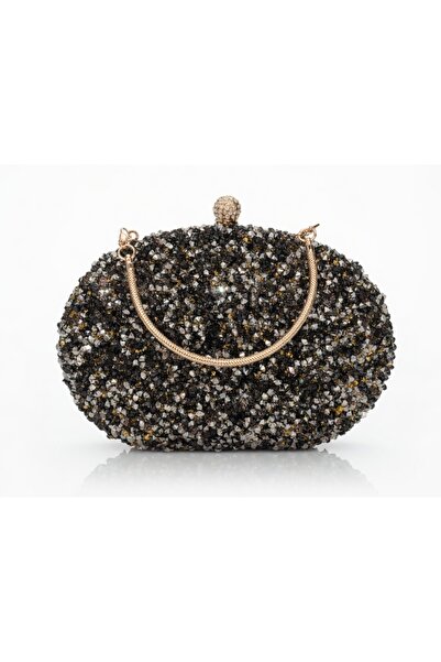 Jale Kadın Şık Siyah Beyaz Taşlı Kol Ve Omuz Clutch Portföy Taşlı Abiye Çanta