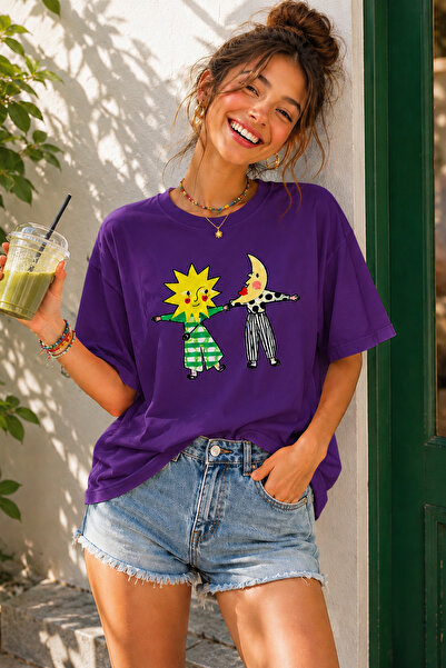 ArtYus Tricou oversize unisex cu imprimeu cu personaje Soare și Lună – Tricou...