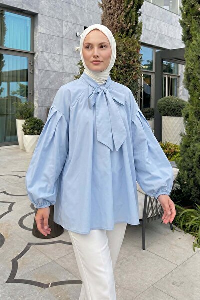 Salih Çelebi Reglan Sleeve Bow Collar Tunic 3003 - Baby Blue