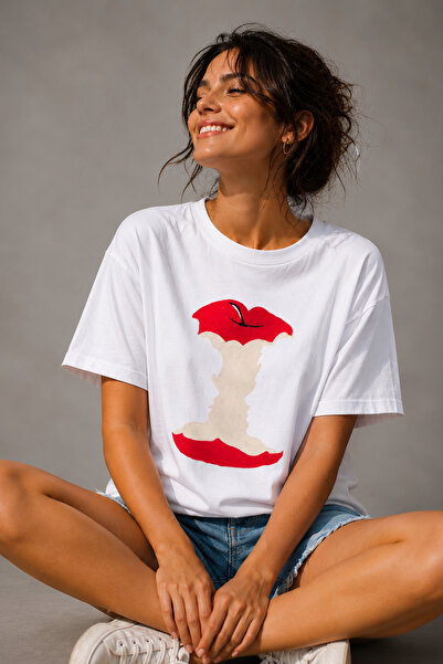 ArtYus Bitten Apple Printed Unisex Oversize T-Shirt – Cotton Crew Neck Casual...