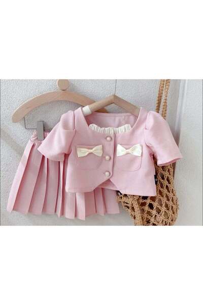 Generic Girls Pink Outfit Set, Puff Sleeve Jacket with Bow Details, Pleated S...